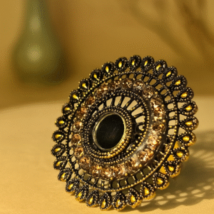 Antique Gold-Plated Round Statement Finger Ring with Crystal Stones