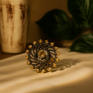 Antique Gold-Plated Spiral Statement Finger Ring with Crystals