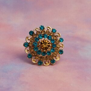 Vintage Floral Statement Ring with Blue & Gold Crystals
