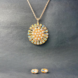 Elegant Round Pearl & Crystal Pendant Necklace with Matching Earrings